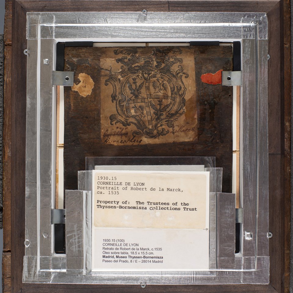 Imagen del montaje de la trasera de la obra de Corneille de Lyon "Retrato de Robert de la Marck, IV duque de Bouillon"