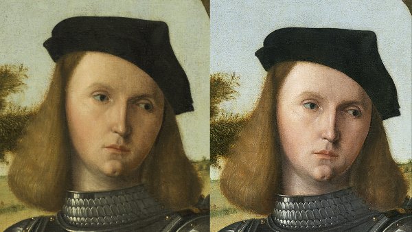 Detalle del rostro del caballero, antes y después de la limpieza